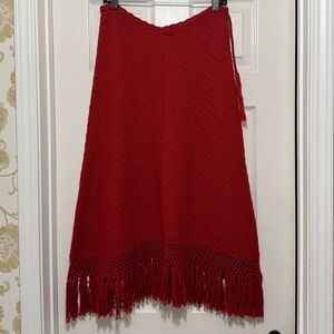 Vintage Double RL Hand Knit Wool Orange Skirt with Fringe - Sz Small